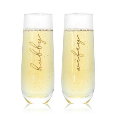 Imagem de HubbyWifeyGifts Conjunto de 2 taças de champanhe sem haste de casamento Mr and Mrs, presentes para marido e esposa, taças de vinho sem haste de cristal