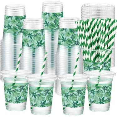 Imagem de Chuangdi Pacote com 50 copos havaianos para decoração de festa Luau com canudinhos de vidro plástico tropical, copos transparentes havaianos, recipiente descartável, folhas de palmeira, recipiente