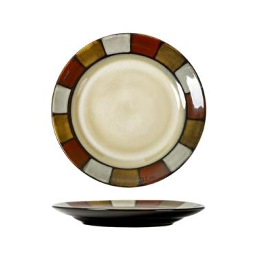 Imagem de Placa de cerâmica pintada à mão pintada à mão para uso doméstico de estilo europeu simples e delicado - placa de grade vermelha, amarela e cinza de 21,8 cm