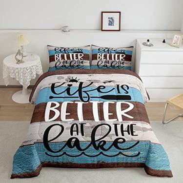 Imagem de Conjunto de edredom King Size Lake House, decoração rústica de casa de fazenda para todas as estações, edredom de madeira azul marrom para adolescentes, conjunto de colcha para meninas, 3 peças