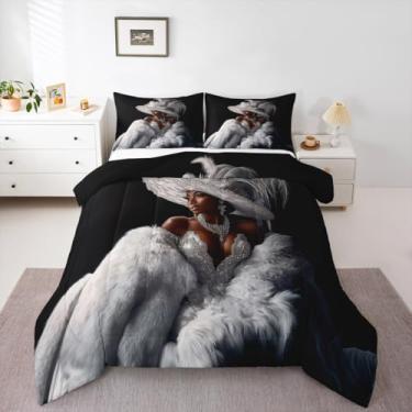 Imagem de Erosebridal Jogo de cama solteiro preto moderno moderno cinza prata edredom para meninas adolescentes mulheres vestido de moda afro-americana colcha estampa de diamante estética elegante