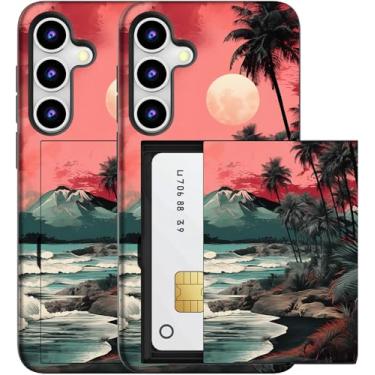 Imagem de MUQR Capa compatível com Samsung Galaxy S23 com suporte de cartão fofo - Design Kawaii, proteção contra quedas de nível militar, capa carteira robusta para mulheres (pôr do sol do mar preto)