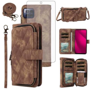 Imagem de Capa de telefone para T-Mobile Revvl 7 Pro 5G carteira celular com protetor de tela de vidro temperado alça transversal alça flip zíper bolsa porta-cartões Tmobile T Mobile Revel Tmo Revell Rebel