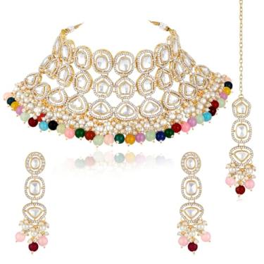 Imagem de Aheli Kundan & Beads Studded Gargantilha Colar Brincos Pingente Maangtikka Conjunto Joias Étnicas para Mulheres, One Size, Metal, Sem Pedra Preciosa