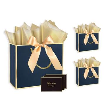 Imagem de Sacos de presente 3 peças de sacos de presente de papel de tamanho grande com papel de seda e alças, fita de laço e cartões comemorativos, 32 x 11,4 x 28 cm, azul