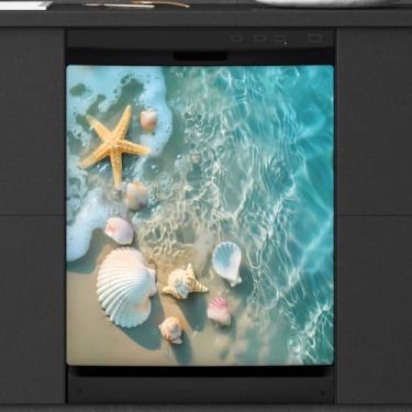 Imagem de DXTKWL Capa magnética para lava-louças, oceano, mar, estrela-do-mar, concha, praia, reutilizável, lava-louças, adesivo, capa magnética decorativa para máquina de lavar louça, painel de cobertura de