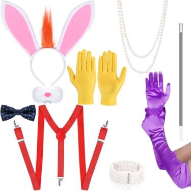 Imagem de Conjunto de 11 acessórios de fantasia de coelho de Halloween para casal, inclui orelha de coelho, máscara de nariz, gravata borboleta, luvas amarelas, roxas, suspensório ajustável, colar de pérolas