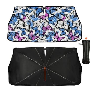 Imagem de Guarda-sol de para-brisa de carro - Guarda-sol azul rosa borboletas guarda-sol para janela dianteira do carro, bloqueiam raios UV guarda-chuva dobrável protetor de viseira de sol mantém o veículo