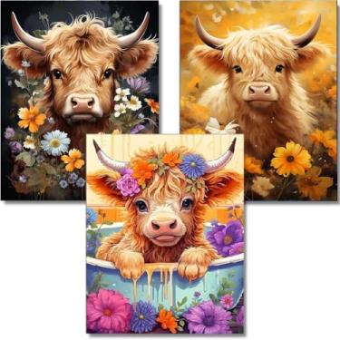 Imagem de OFRKE Kits de pintura de diamante para adultos, pacote com 3 peças de arte de diamante de vaca Highland para iniciantes, pintura de diamante redondo 5D completa com fotos de diamantes, kits de pintura