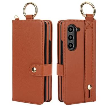 Imagem de Capa para Samsung Z Fold 6, transversal, de couro, com cordão, para cartões, com suporte e compartimento para caneta (para Samsung Z Fold 6/marrom)