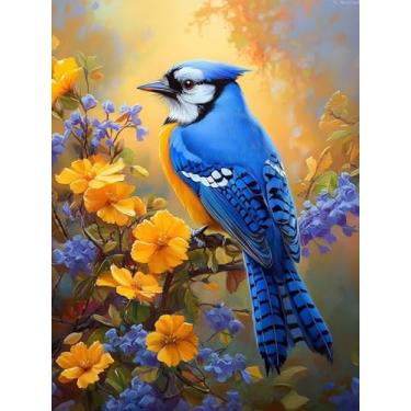 Imagem de YL Mainland Kits de pintura de diamante 5D Blue Jay Blue Bird Flowers Diamond Art Full Drill para adultos iniciantes, artesanato para relaxamento e decoração de parede de casa 30 x 40 cm