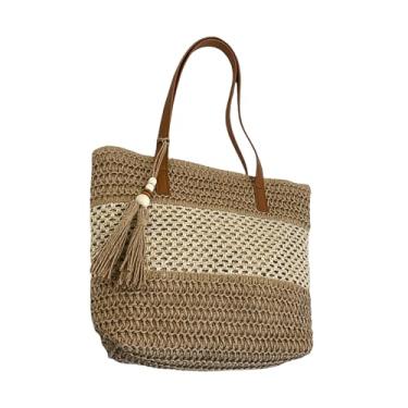Imagem de Bolsa feminina de palha para o verão, praia, borlas, bolsa de ombro tecida à mão, Caqui, 36cmx31cmx9cm