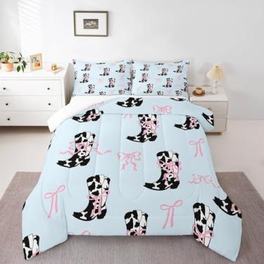 Imagem de Manfei Conjunto de edredom casal cowgirls, com estampa de vaca e laço rosa, 3 peças, com estampa de caubói ocidental, edredom de plumas azul, 2 fronhas, sem lençol