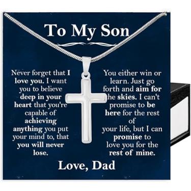 Imagem de Colar de cruz para filho, To My Son de mãe e pai, presentes de Natal com cartão de mensagem e caixa, Aço inoxidável, Sem Pedra Preciosa