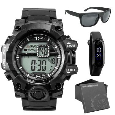 Imagem de Oculos De Sol Protecao Uv + Relogio Masculino Preto + Caixa Esportivo Alarme Casual Grande Robusto