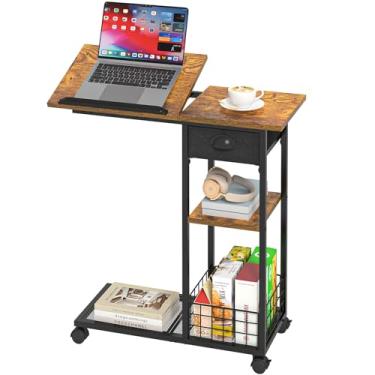 Imagem de Mesa de canto vintage em forma de C com cesta de armazenamento, mesa lateral inclinável e grande com gaveta, mesa de cabeceira com rodas, mesa de cabeceira rolante para sala de estar, quarto