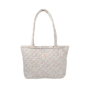 Imagem de Bolsa de ombro de algodão acolchoada floral para mulheres uso diário bolsa tamanho médio grande capacidade design grosso tote, Branco, rosa e verde, Medium