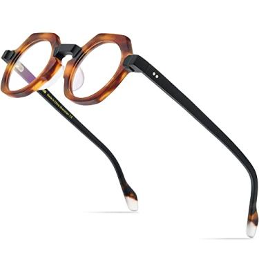Imagem de HEPIDEM Armação de acetato multicolorida fosca feminina vintage polígono óculos masculinos, 9229 Preto leopardo fosco, 45mm