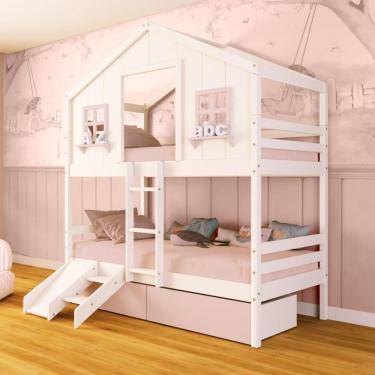 Imagem de Beliche Casinha Dos Sonhos Com 02 Gavetas Kit Escada/ Escorregador Madeira Maciça Branco/ Rosa Megamobilia