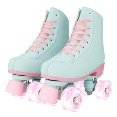 Imagem de Patins femininos de cano alto para meninas com rodas iluminadas, couro sintético clássico de duas fileiras para mulheres e homens, uso interno e externo, para iniciantes, verde e rosa, 37