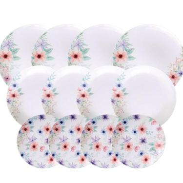 Imagem de Jogo 12 Pratos Tramontina Floratta em Porcelana Decorada Sobremesa Fundo e Raso