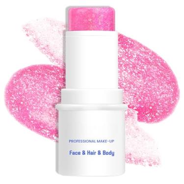 Imagem de LOKFAR Bastão de maquiagem com glitter rosa para corpo e rosto, gel multiuso à prova d'água com glitter para rosto, corpo e lábios, bastão de tinta de lantejoulas holográficas, acessórios de maquiagem