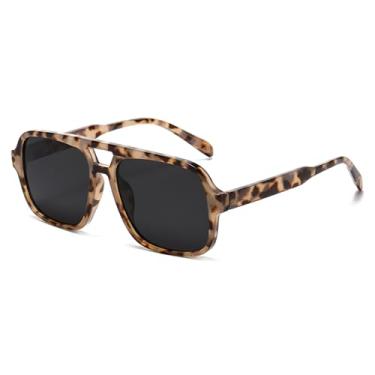 Imagem de CUBWOSE Óculos de sol quadrado aviador para mulheres e homens, retrô, ponte dupla, aviadores, óculos de sol retangulares dos anos 70, Armação leopardo/lente preta, Leopard Frame/Black Lens