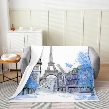 Imagem de jejeloiu Manta felpuda Torre Eiffel azul para bebês 76 x 101 cm Cobertor de flanela de lã de Paris para decoração de sofá de sofá paisagem urbana moderna cena de rua de Londres cobertor de cama para