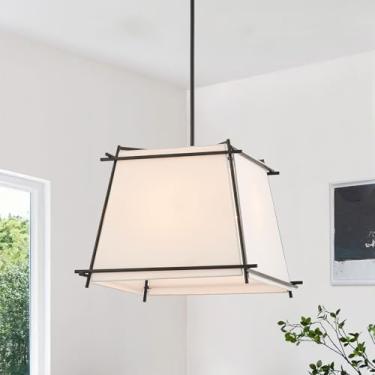 Imagem de VANZARLA Luminária pendente Boho de 4 luzes com sombra de tecido off-white, lustre moderno de fazenda para hall de entrada, luz de suspensão rústica para entrada da sala de jantar