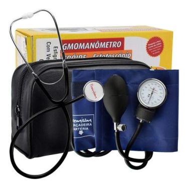 Imagem de Kit Enfermagem Esfigmo + Estetoscópio Manual Premium Pressão Cor Azul