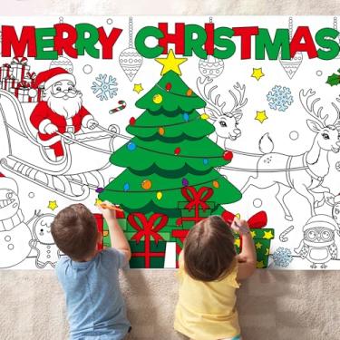 Imagem de Toalha de mesa com pôster para colorir de Natal – Faixa gigante de papel DIY de 127 x 76 cm com desenhos de Papai Noel, árvore de Natal e presentes – Atividade colorida para festas de Natal, sala de