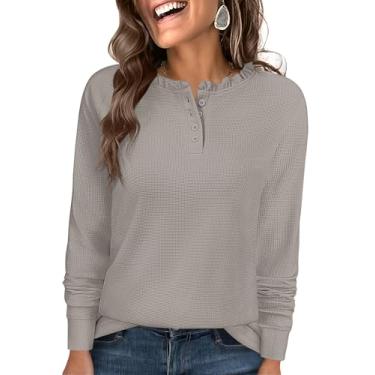 Imagem de Kopinma Túnica feminina de malha waffle de manga comprida com botões Henley, Cinza, M