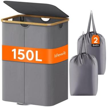 Imagem de Cesto de roupa suja Lifewit 150L com tampa, 2 seções, cinza