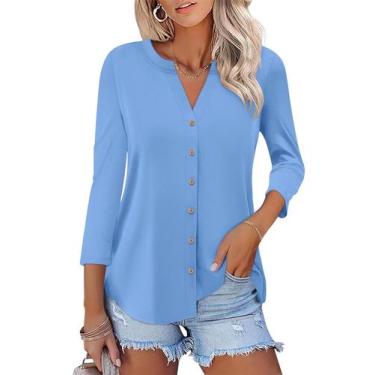 Imagem de Camiseta feminina ORANDESIGNE de manga 3/4 com decote em V com botões