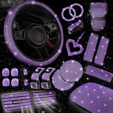 Imagem de NBTEPEM Conjunto de 30 peças de acessórios de carro roxos brilhantes para mulheres, conjunto de capa de volante roxa, capa de console brilhante, almofada de cinto de segurança, almofada de botão de