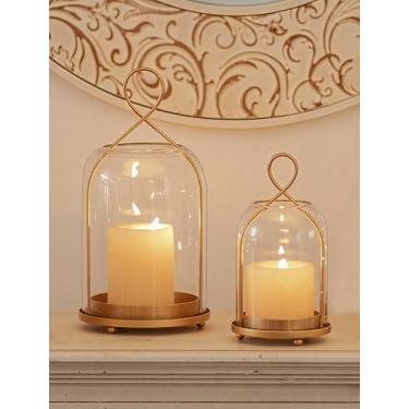Imagem de NUPTIO Lanternas de vidro decorativas ao ar livre: castiçais dourados furacão para velas de pilar - conjunto de 2 lanternas suspensas para casa de Ação de Graças festa de Natal centro de mesa