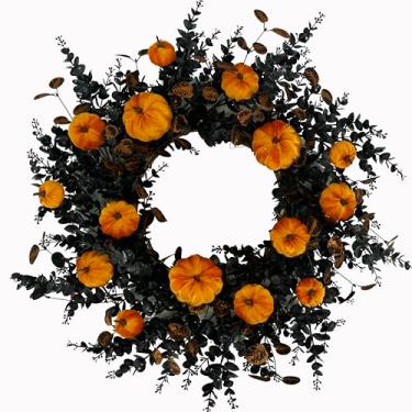 Imagem de WreathDream Guirlanda de Halloween para porta da frente com abóbora, folhas de eucalipto para porta da frente, interior, exterior, quinta, casa, parede, janela, festival, decoração de casamento