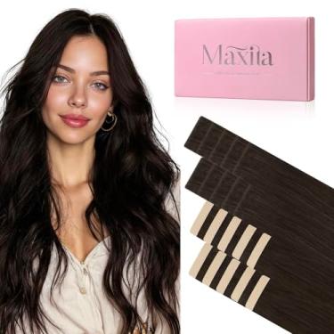Imagem de MAXITA Extensões de cabelo humano Invisi Edge Tape, 40 cm, 50 g, marrom escuro, 10 peças invisíveis e 10 peças clássicas, extensões de cabelo sem costura com injeção reta, cabelo Remy