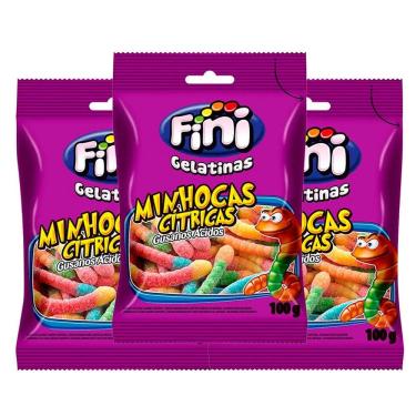 Imagem de Balas de Gelatina Fini Minhocas Cítricas 100g | Kit com três unidades