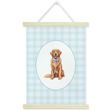 Imagem de ZSHFMY Moldura para pôster Golden Retriever, decoração de parede com laços de guingão azul para apartamento, casa, sala de estar, quarto, escritório, pôster de cachorro fofo, arte de parede com