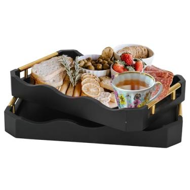 Imagem de Pacote com 2 bandejas de bambu com alças – bandejas decorativas empilháveis para mesa de café, café da manhã na cama, lanches de sofá, decoração de casa (preto)