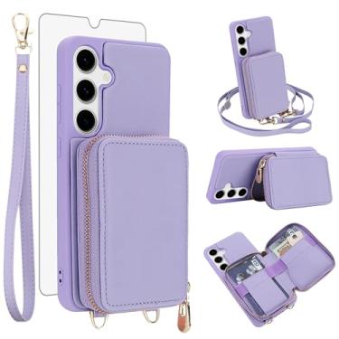 Imagem de Capa de celular para Samsung Galaxy S24 FE 5G carteira celular com protetor de tela de vidro temperado, alça transversal, suporte para cartão de crédito com bloqueio de RFID, S 24 EF S24FE 24S