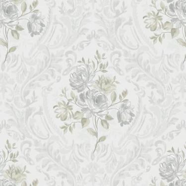 Imagem de Ismoon Papel de parede vintage Peel and Stick Floral Contact Paper Boho Branco e Cinza Aquarela Damasco Papel de Parede Texturizado Removível Autoadesivo Vinil Papel de Parede para Quarto, 44 cm X 5 m