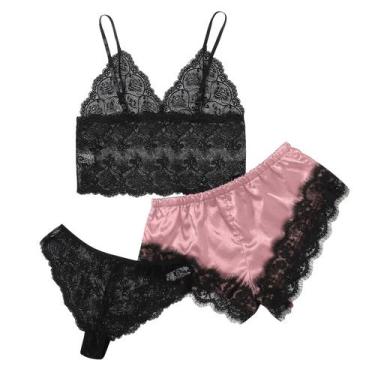 Imagem de Conjunto de pijamas femininos HUOGUO com decote em V, cílios, renda, m