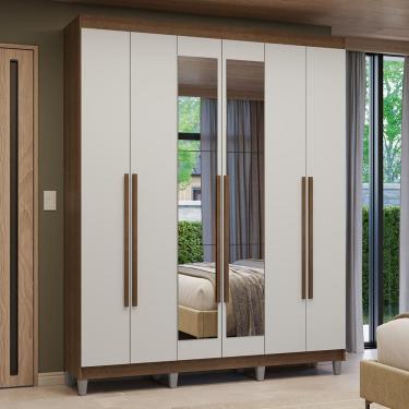 Imagem de Guarda-Roupa Casal com Pés 6 Portas Batentes com Espelho Rustic/Branco/Rustic Venus Madesa