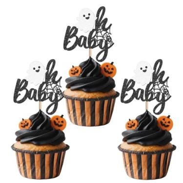 Imagem de 24Pcs Halloween Baby Shower Cupcake Toppers, Oh Baby Cupcake Toppers Silver Glitter Ghost & Little Boo, Boys Girls Birthday Party Cake Decorations