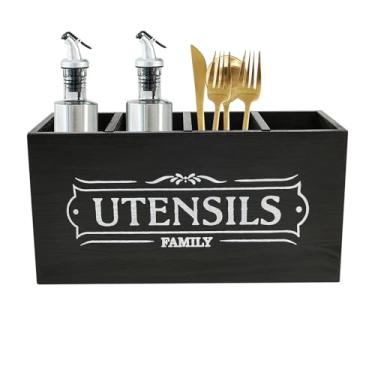 Imagem de Organizador de divisória de madeira, suporte de talheres, suporte de utensílios com alça, suporte de utensílios de cozinha, organizador com 4 compartimentos e fundo de drenagem durável para bancada