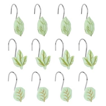 Imagem de 12pçs Folha Verde Ganchos Cortina Banheiro, Fofo Decorativos Anéis Cortina Banheiro Cabides Metálicos com Design Planta Eucalipto para Barra de Chuveiro Quarto Decoração Berçário