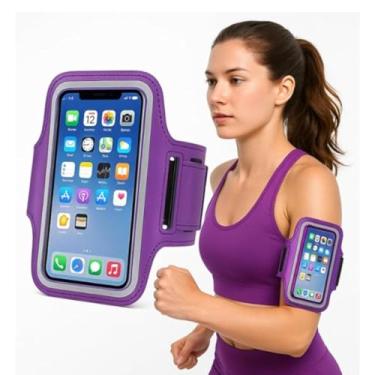 Imagem de Braçadeira Esportiva para Smartphone, Roxa, Ajustável, Compatível com Celulares até 6.5 Polegadas, para Corrida, Caminhada, Academia