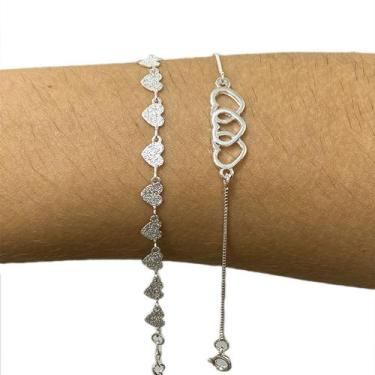 Imagem de Kit 2 Pulseiras Femininas Folheadas a Prata 925 Corações - Papillon Se